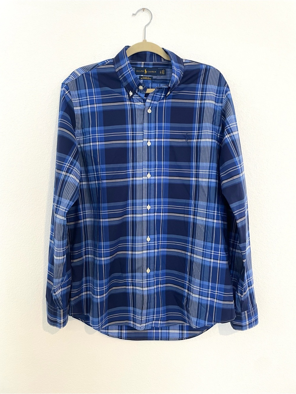 Ralph Lauren Men's Navy and Royal Blue Plaid Button-Down Shirt